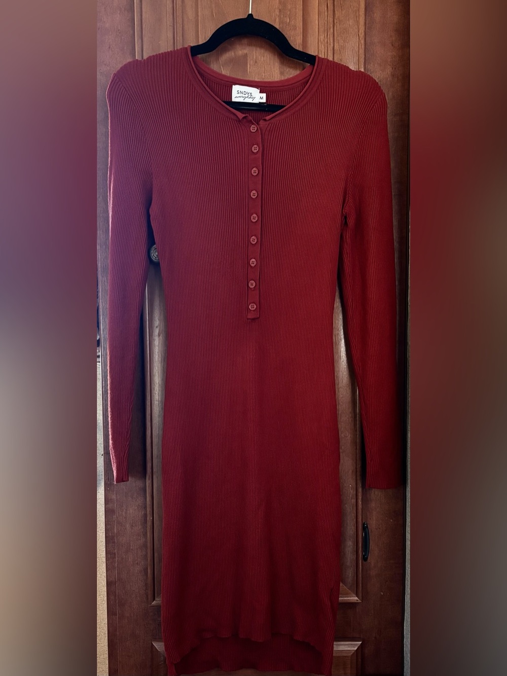 Women’s SNDYS Long-Sleeve Ribbed Henley Dress- Burgundy - M